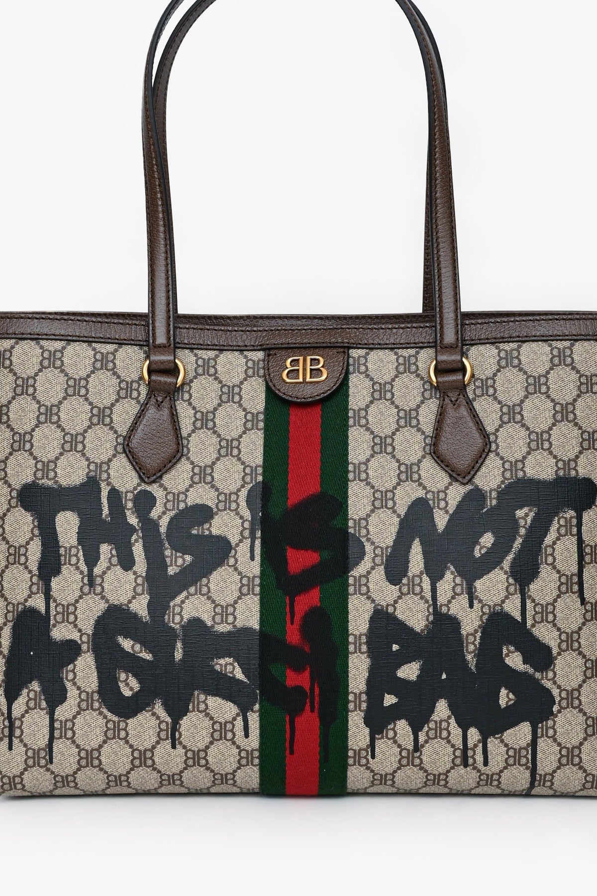 Gucci X Balenciaga Brown BB Supreme Ophidia 'This is Not a Gucci Bag' Printed Shopping Tote