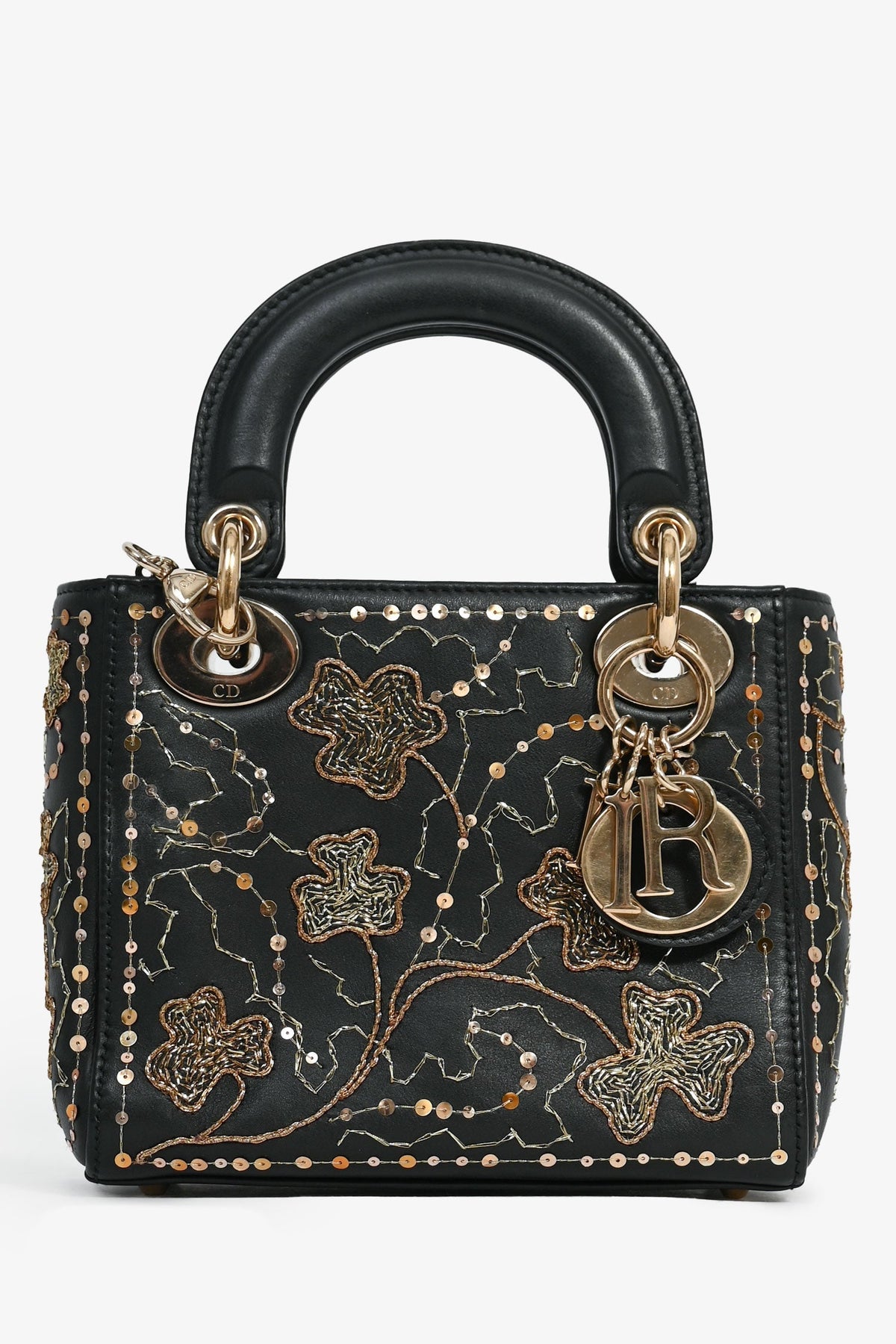 Christian Dior Black Leather Gold 'Clovers' Embroidered Mini Lady Dior