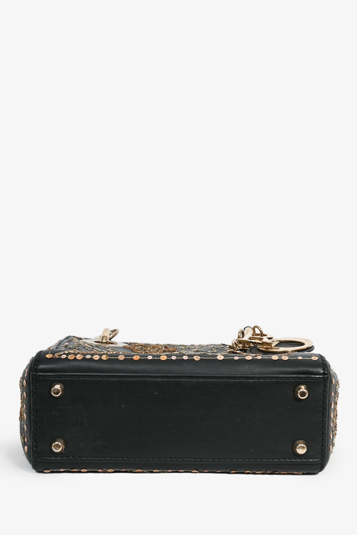 Christian Dior Black Leather Gold 'Clovers' Embroidered Mini Lady Dior