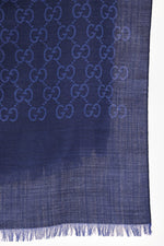 Gucci Blue Wool Silk Blend Monogram Shawl