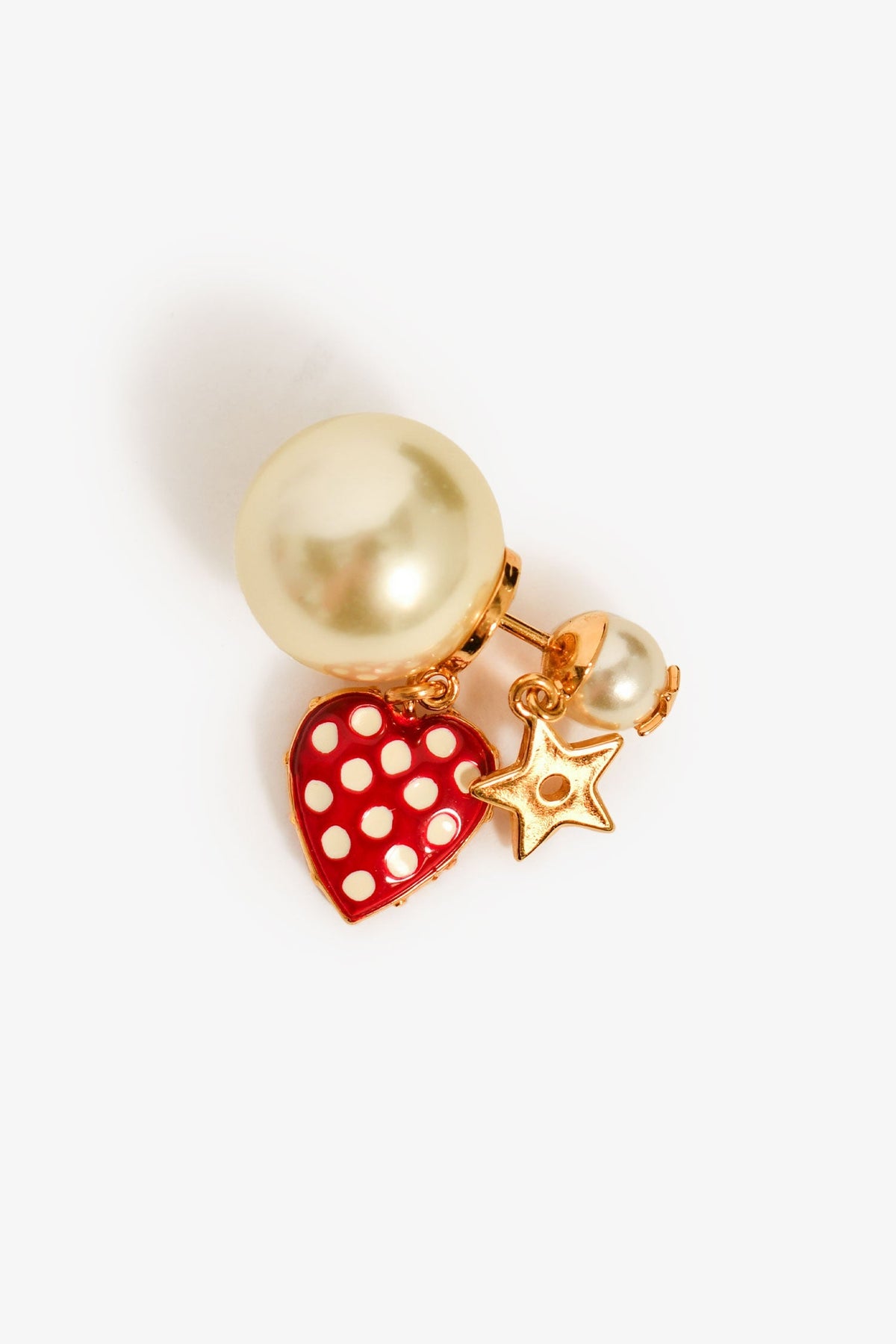 Christian Dior Gold Toned Faux Pearl Red Heart Single Tribale Earring