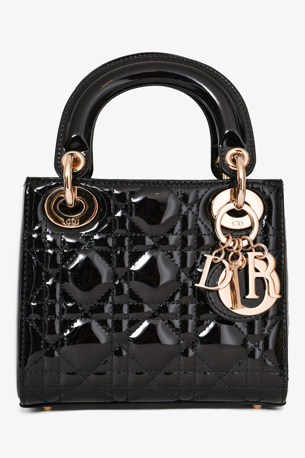 Christian Dior 2021 Black Patent Leather Mini Lady Dior Bag with Strap