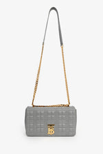 Burberry Grey Leather Quilted TB Logo Lola Flap Crossbody