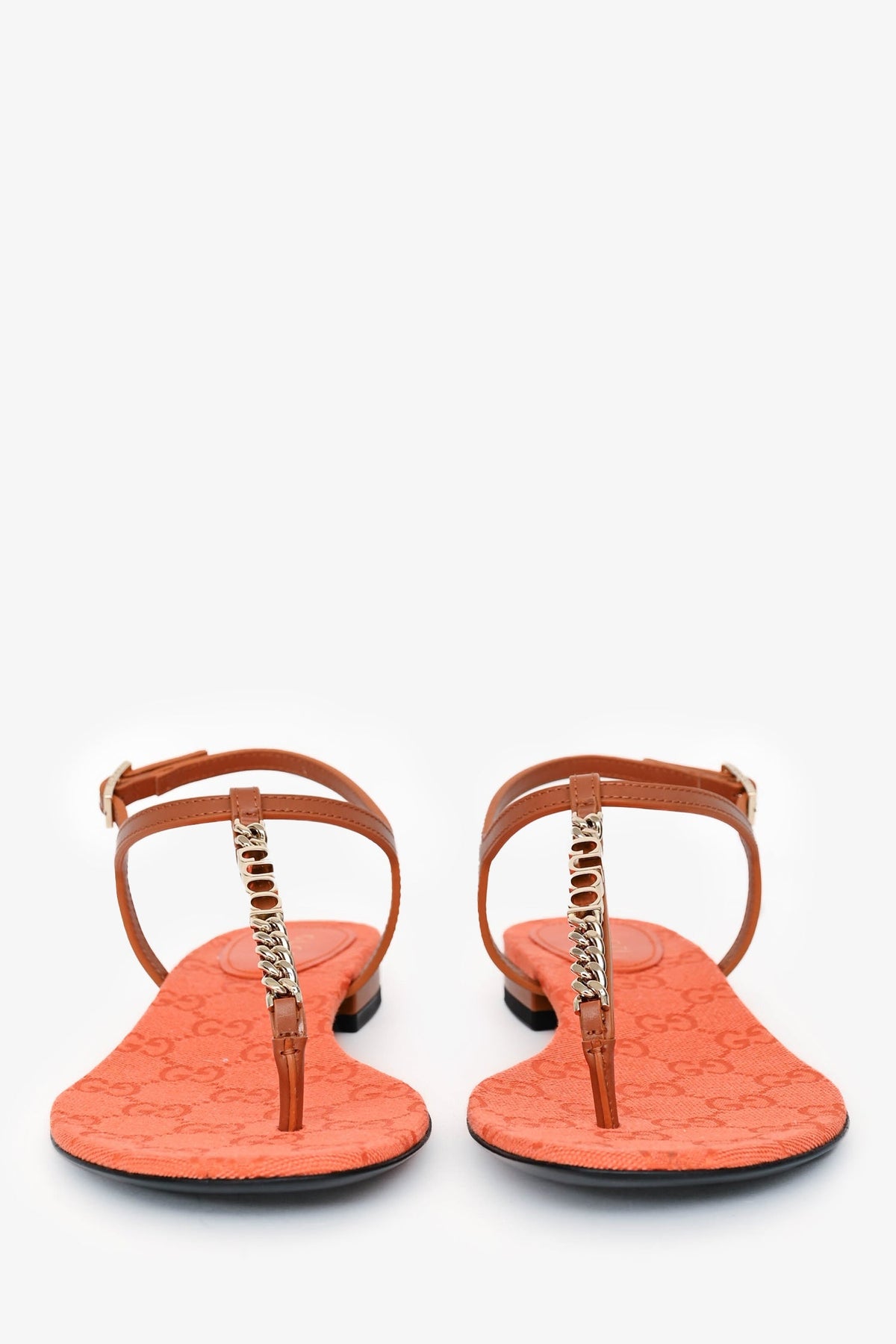 Gucci Brown/Orange Leather Chain Detailed Sandals Size 39.5