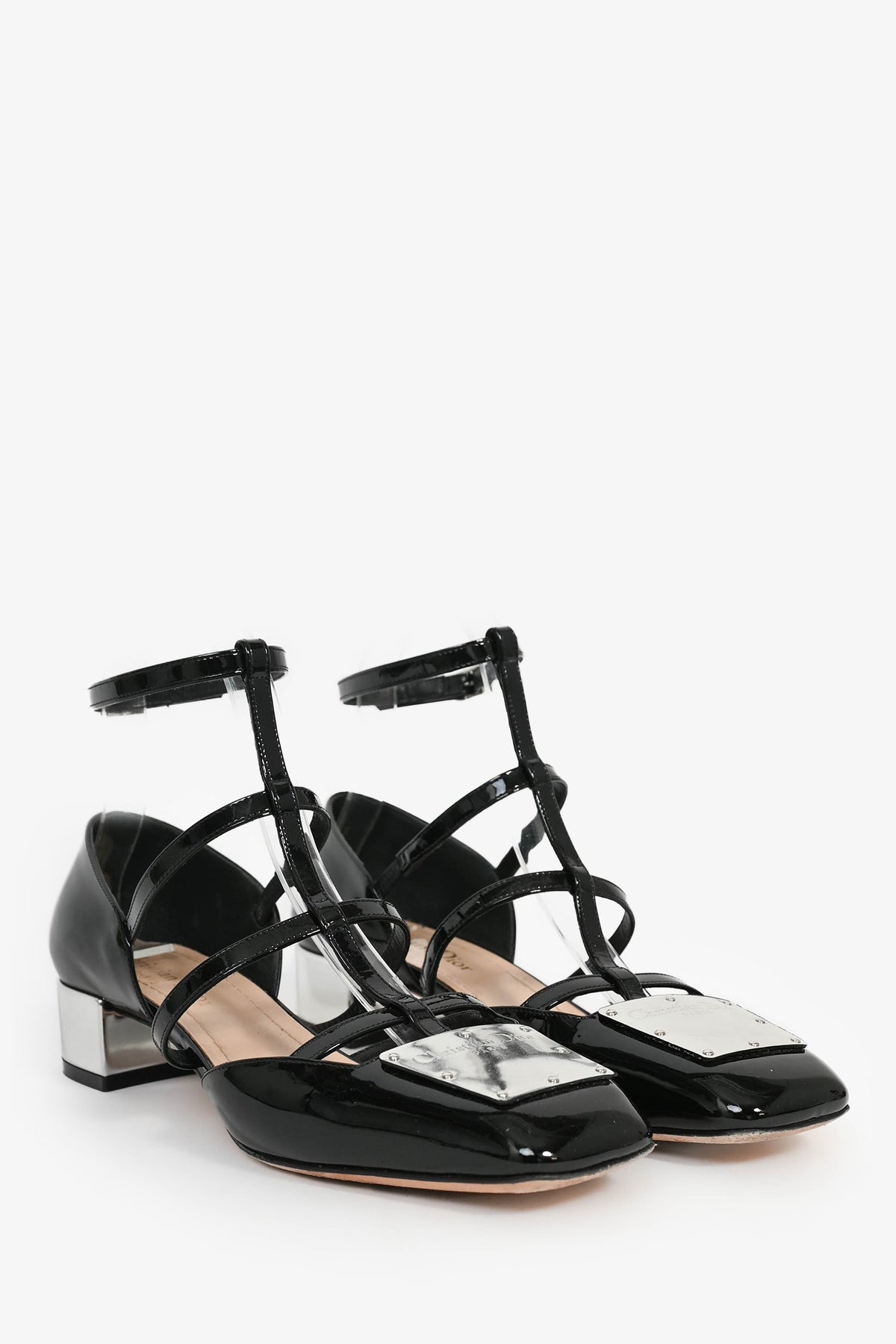 Christian Dior Black Patent T-Strap Silver Block Heels Size 37