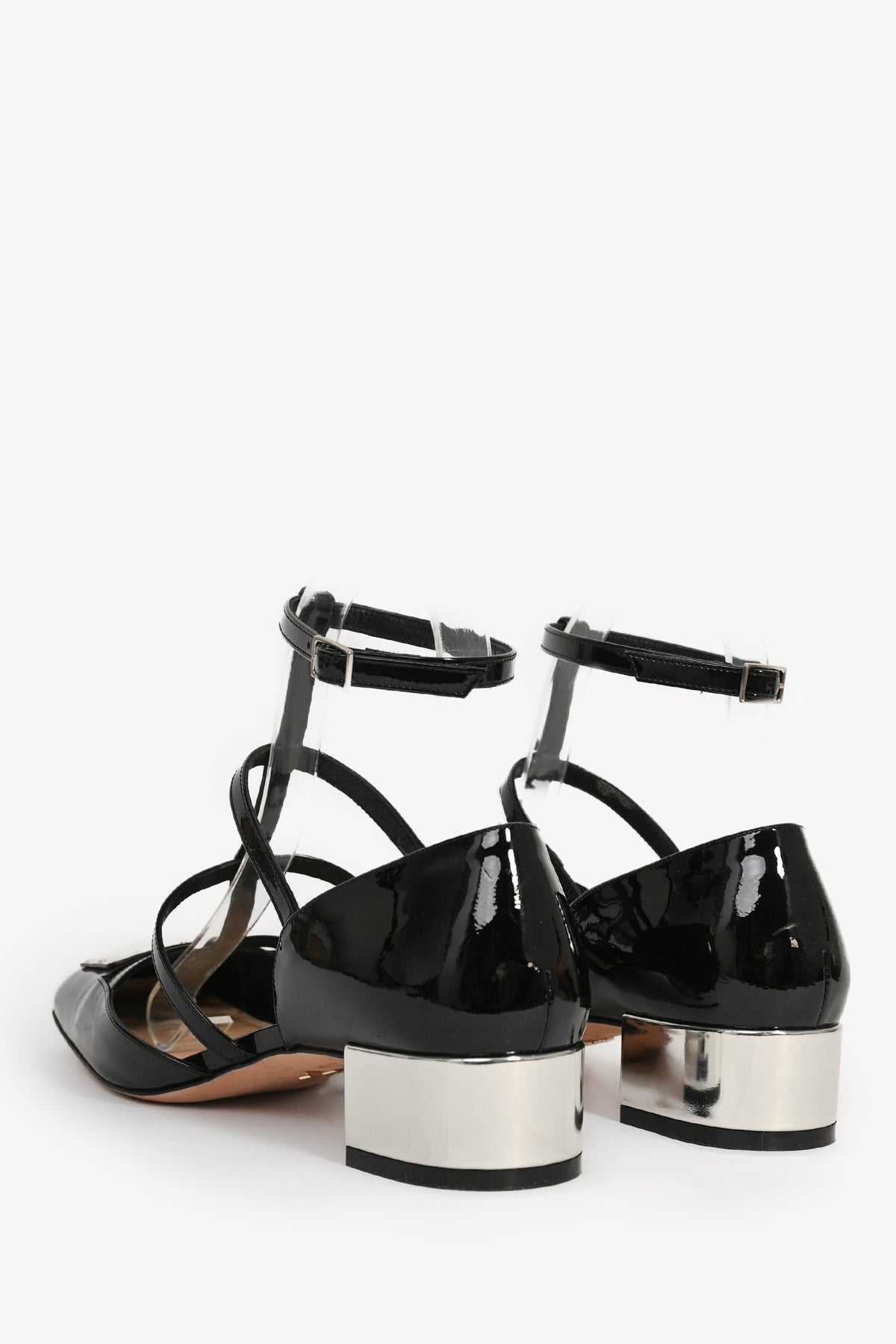 Christian Dior Black Patent T-Strap Silver Block Heels Size 37