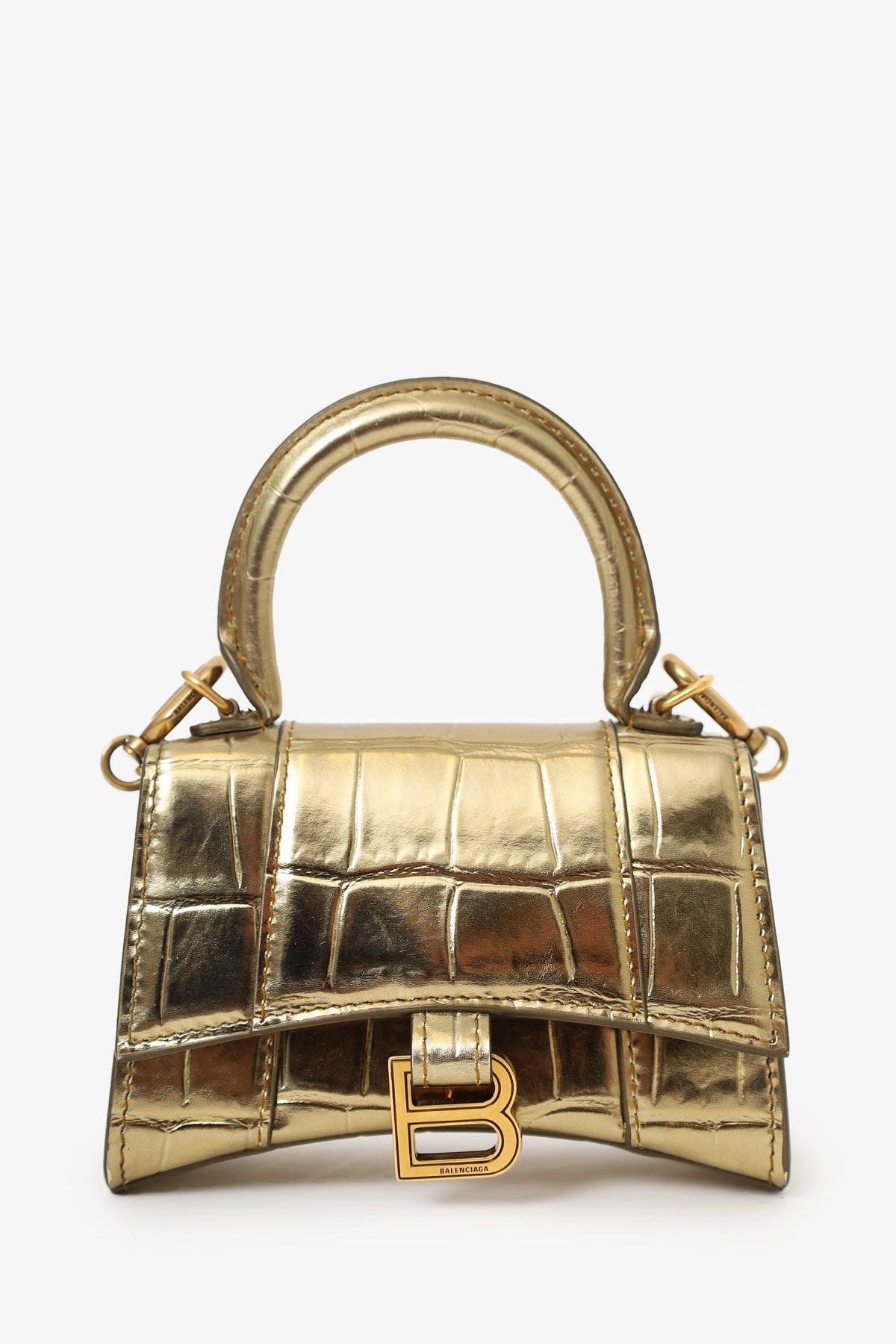 Balenciaga Gold Croc Embossed Leather Hourglass Nano Chain Bag