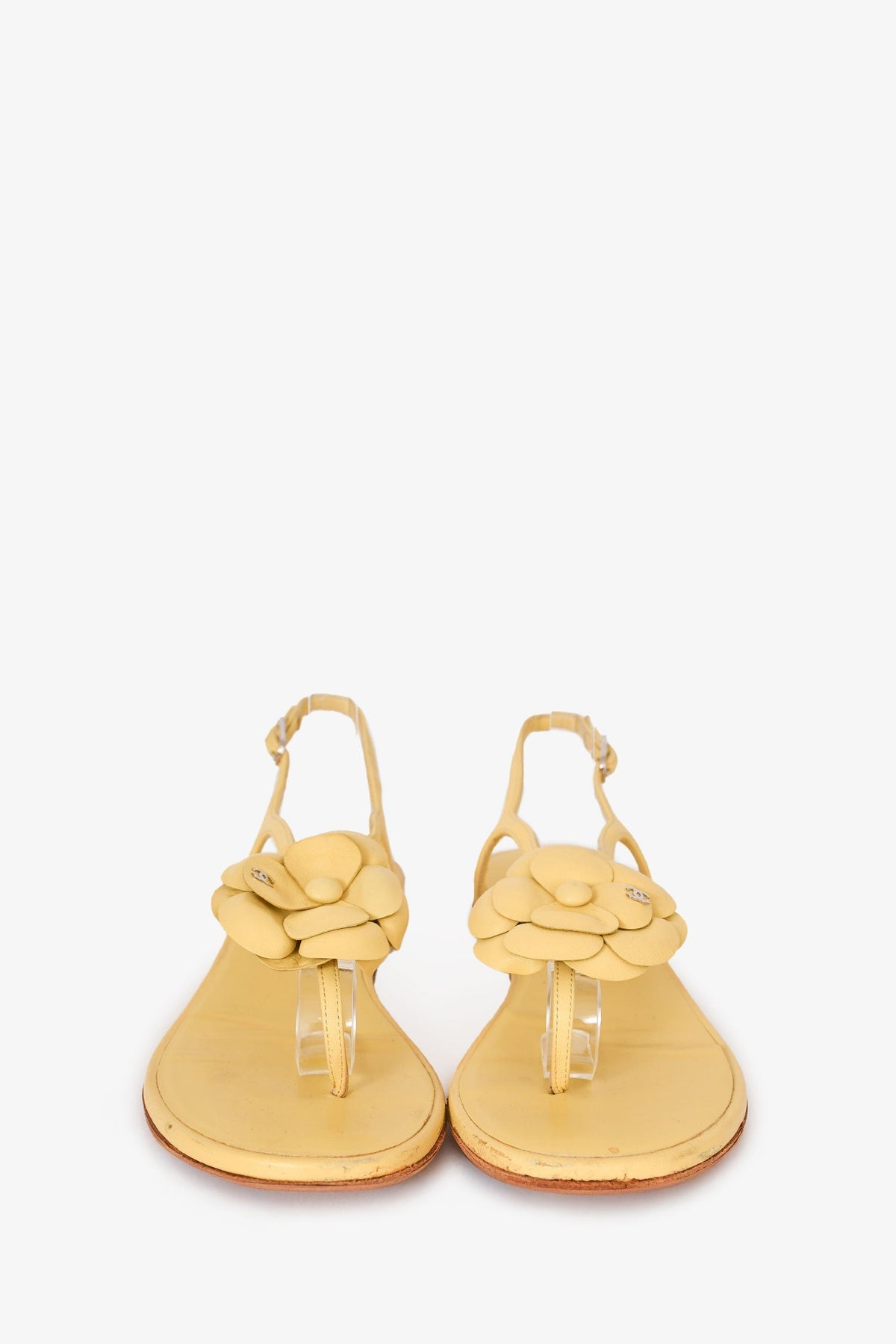 Chanel™ Yellow Leather Camellia Flower Sandals Size 38.5 (As Is)