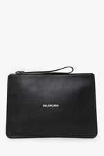 Balenciaga Black Leather Logo Print Large Pouch