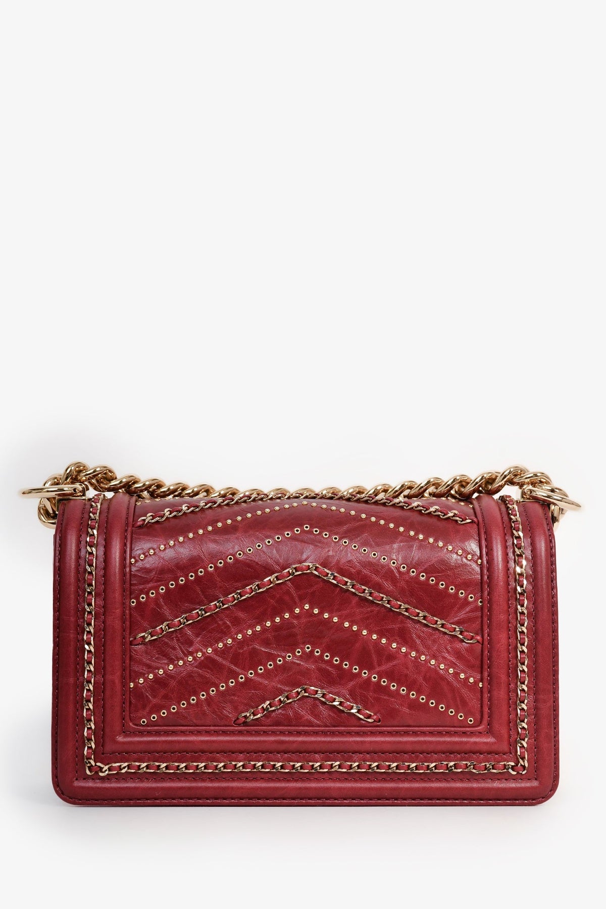 Chanel™ 2018/19 Burgundy Leather Chain Detail Small Boy Crossbody Bag GHW