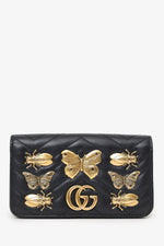 Gucci Black Leather Mini GG Marmont Animal Studs Wallet on Chain