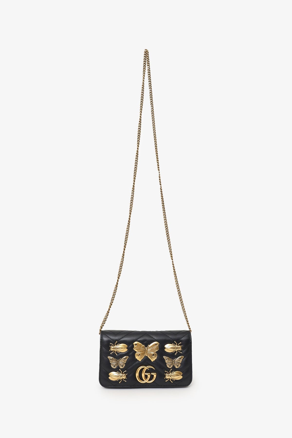 Gucci Black Leather Mini GG Marmont Animal Studs Wallet on Chain