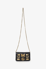 Gucci Black Leather Mini GG Marmont Animal Studs Wallet on Chain