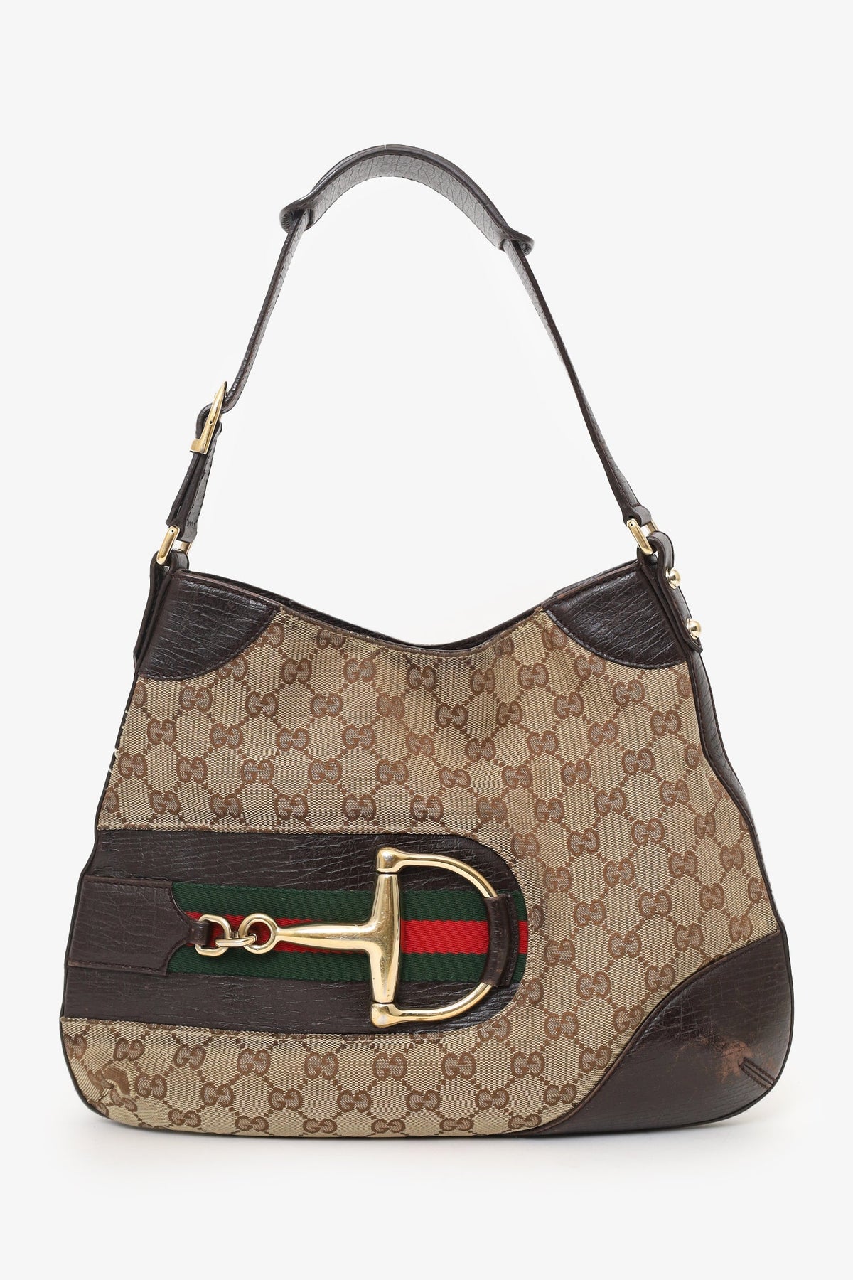 Gucci brown 'GG' Web Horsebit Hobo Bag