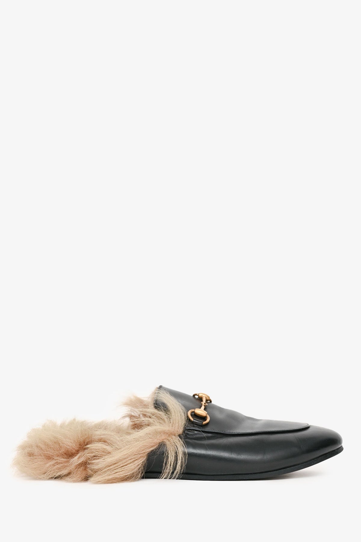 Gucci Black Leather Fur Princeton Slip-On Loafers Size 38.5