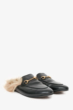 Gucci Black Leather Fur Princeton Slip-On Loafers Size 38.5
