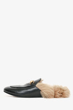 Gucci Black Leather Fur Princeton Slip-On Loafers Size 38.5
