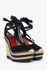 Gucci Black Suede Espadrille Wedge Lace Up Heels Size 37