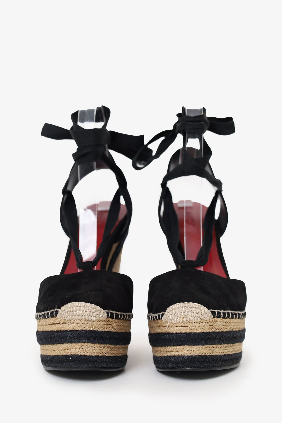 Gucci Black Suede Espadrille Wedge Lace Up Heels Size 37