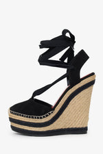 Gucci Black Suede Espadrille Wedge Lace Up Heels Size 37