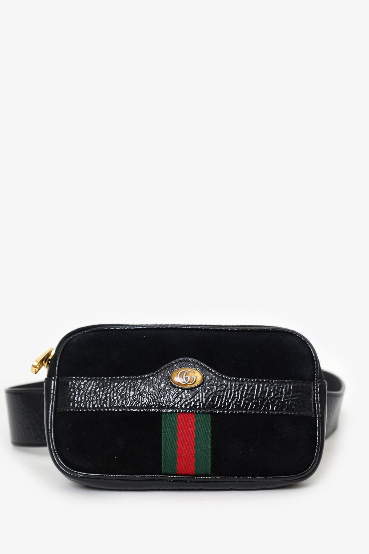 Gucci Black Suede Patent Web Ophidia Belt Bag