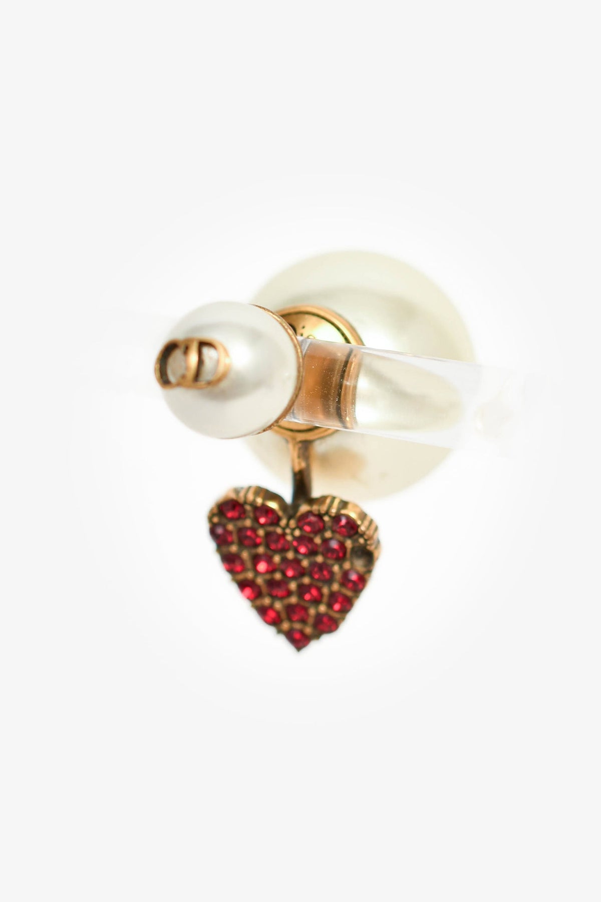Christian Dior Faux Pearl Single Tribale Earring with Red Crystal Heart