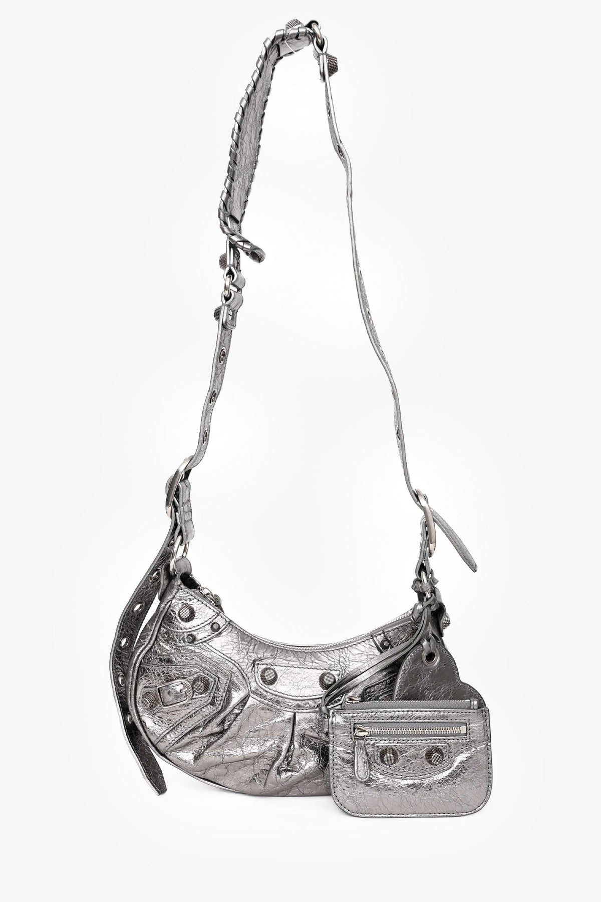 Balenciaga Silver Metallic Leather Studded 'Cagole' Shoulder Bag