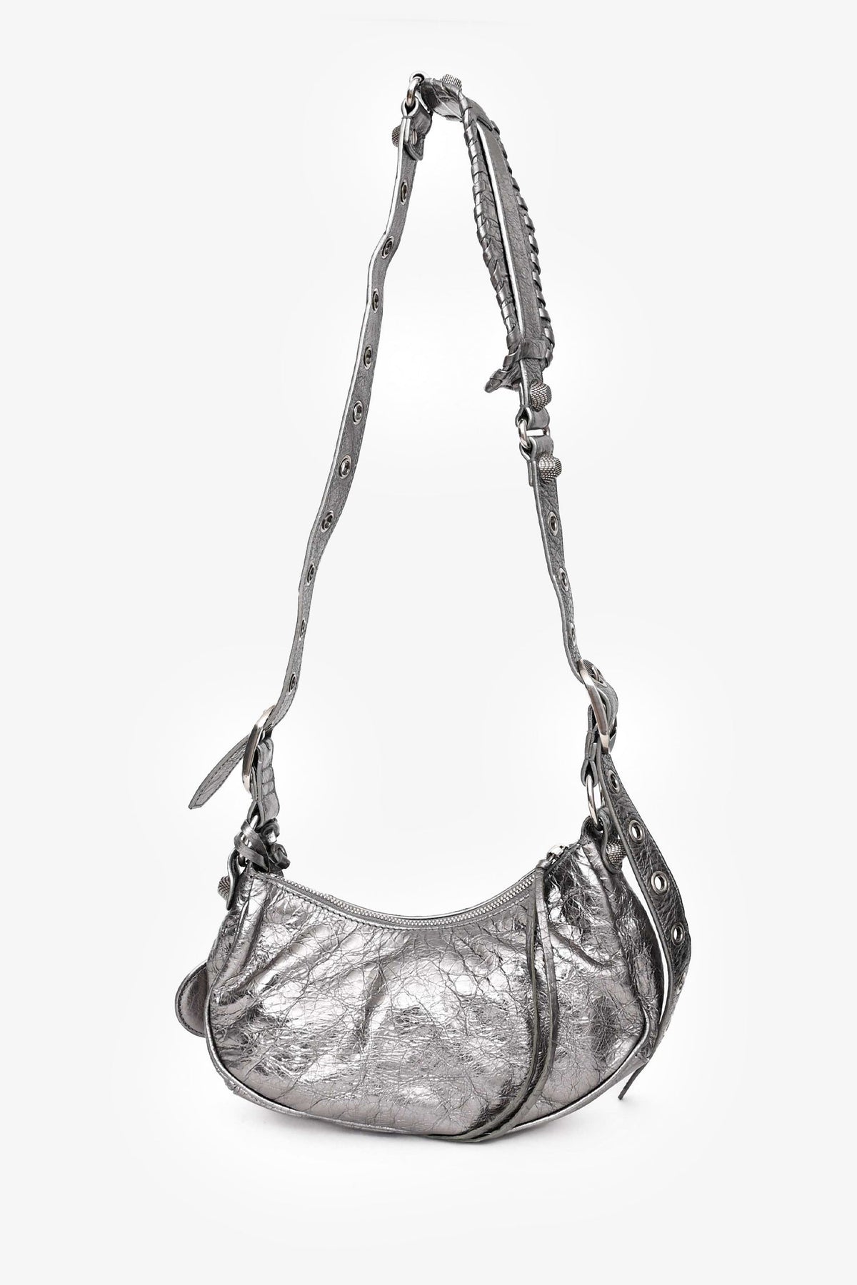 Balenciaga Silver Metallic Leather Studded 'Cagole' Shoulder Bag