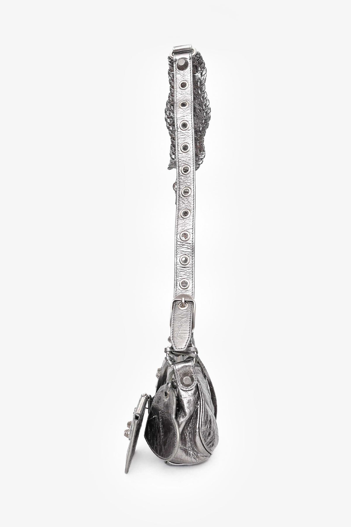 Balenciaga Silver Metallic Leather Studded 'Cagole' Shoulder Bag