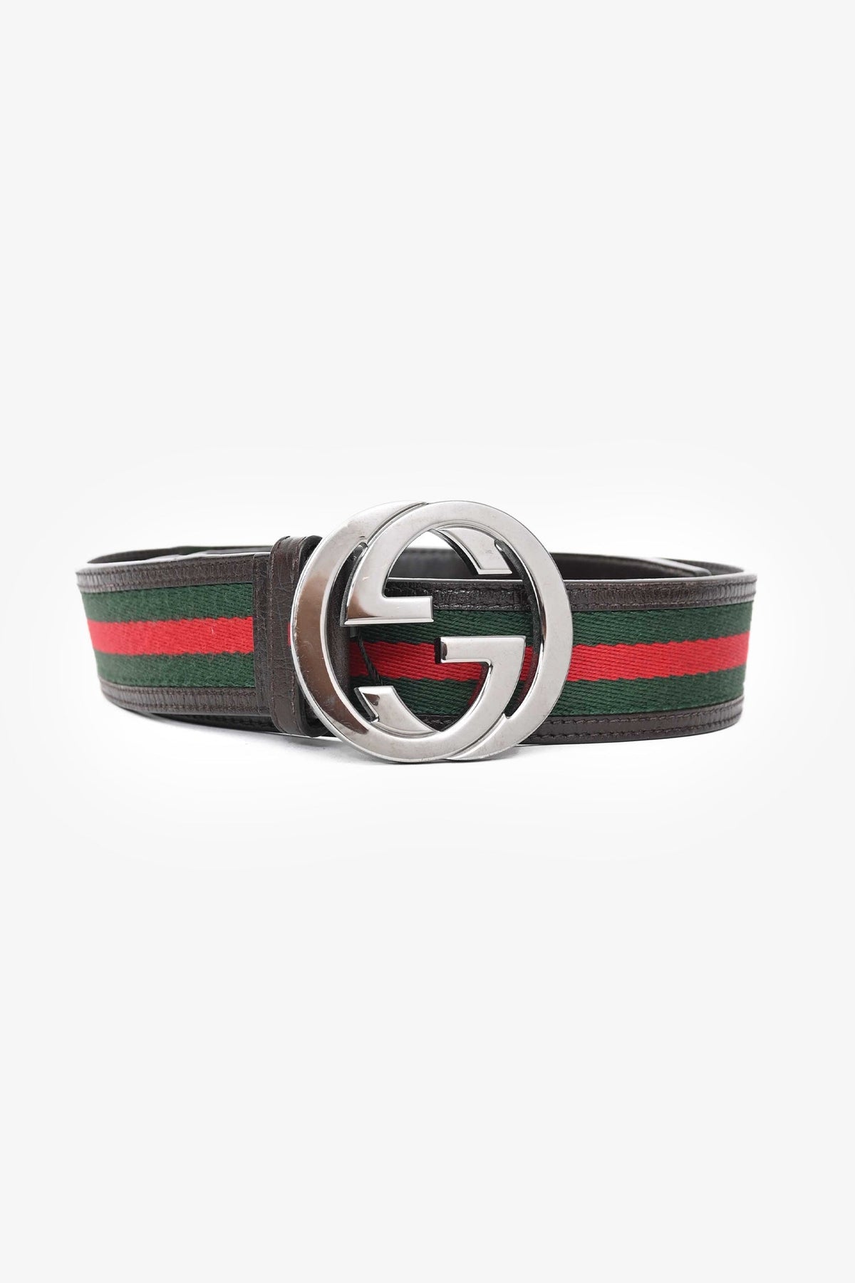 Gucci Brown Leather/Canvas GG Buckle Belt Size 85