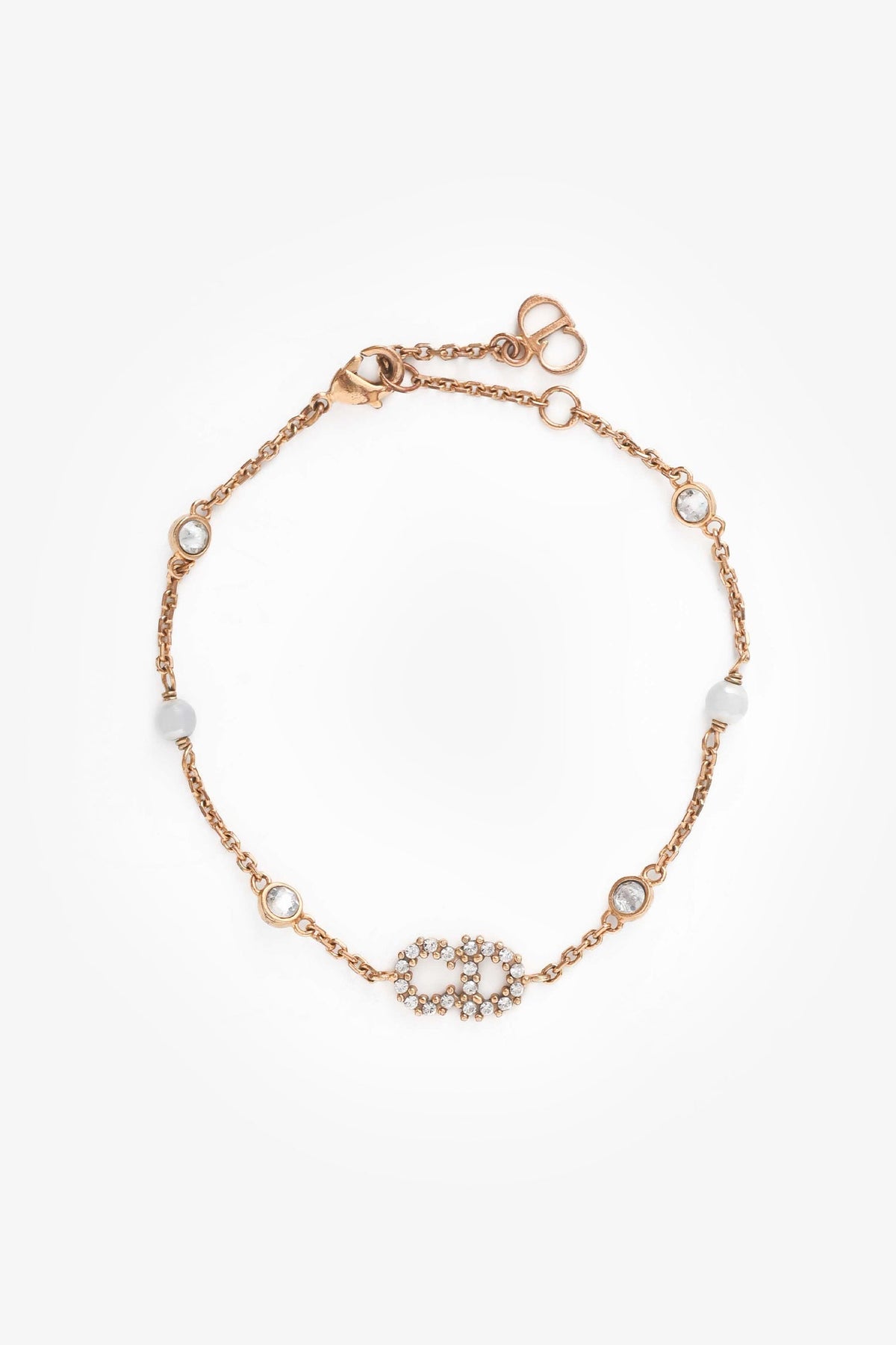 Christian Dior Gold Tone Metal CD Crystal/Faux Pearl Bracelet