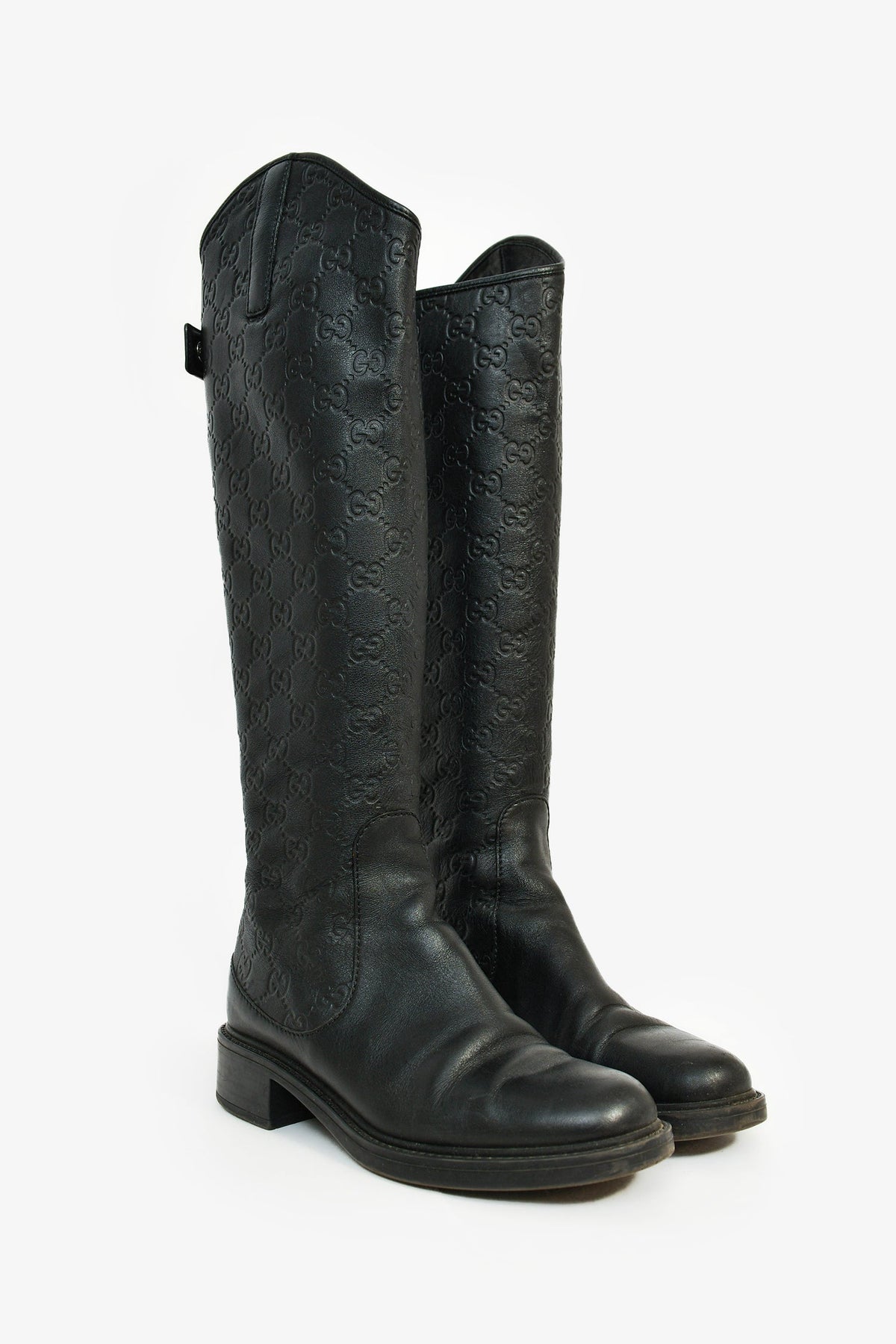 Gucci Black Monogram Leather Riding Boots Size 35.5