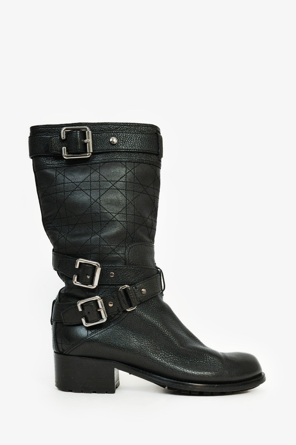 Christian Dior Black Cannage Leather Moto Boots Size 36