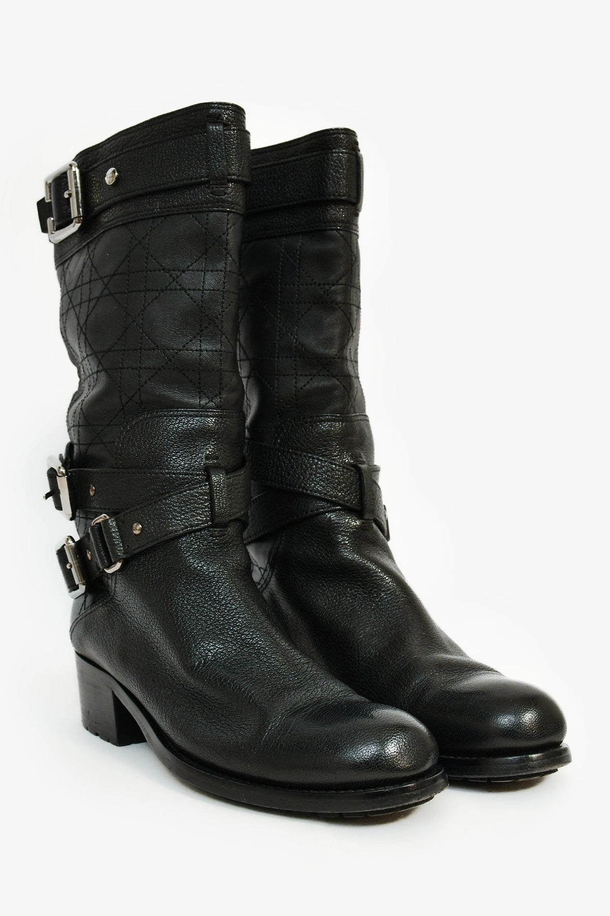 Christian Dior Black Cannage Leather Moto Boots Size 36