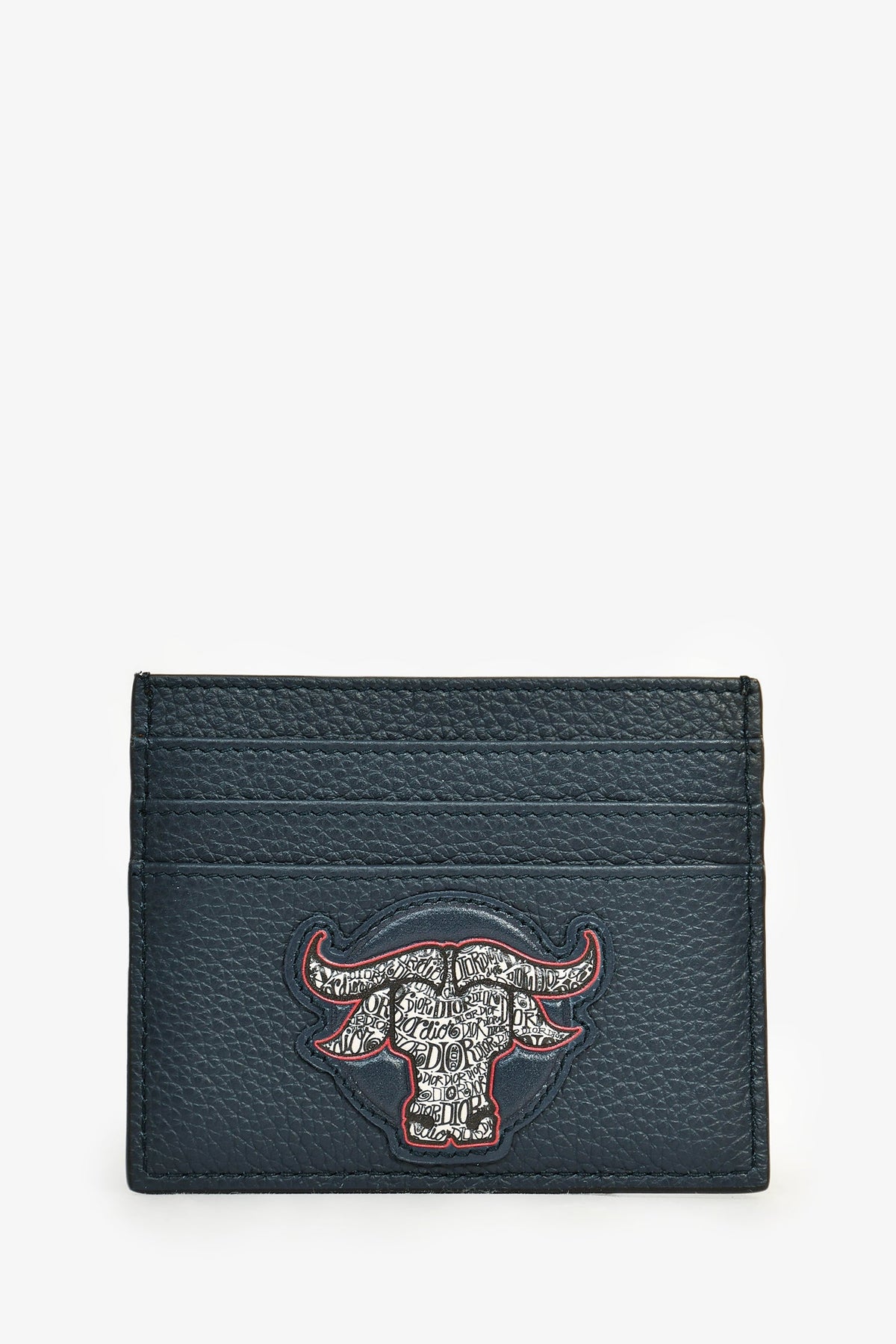 Christian Dior x Shawn Stussy 2020 Navy Blue Grained Leather Logo Bull Card Holder