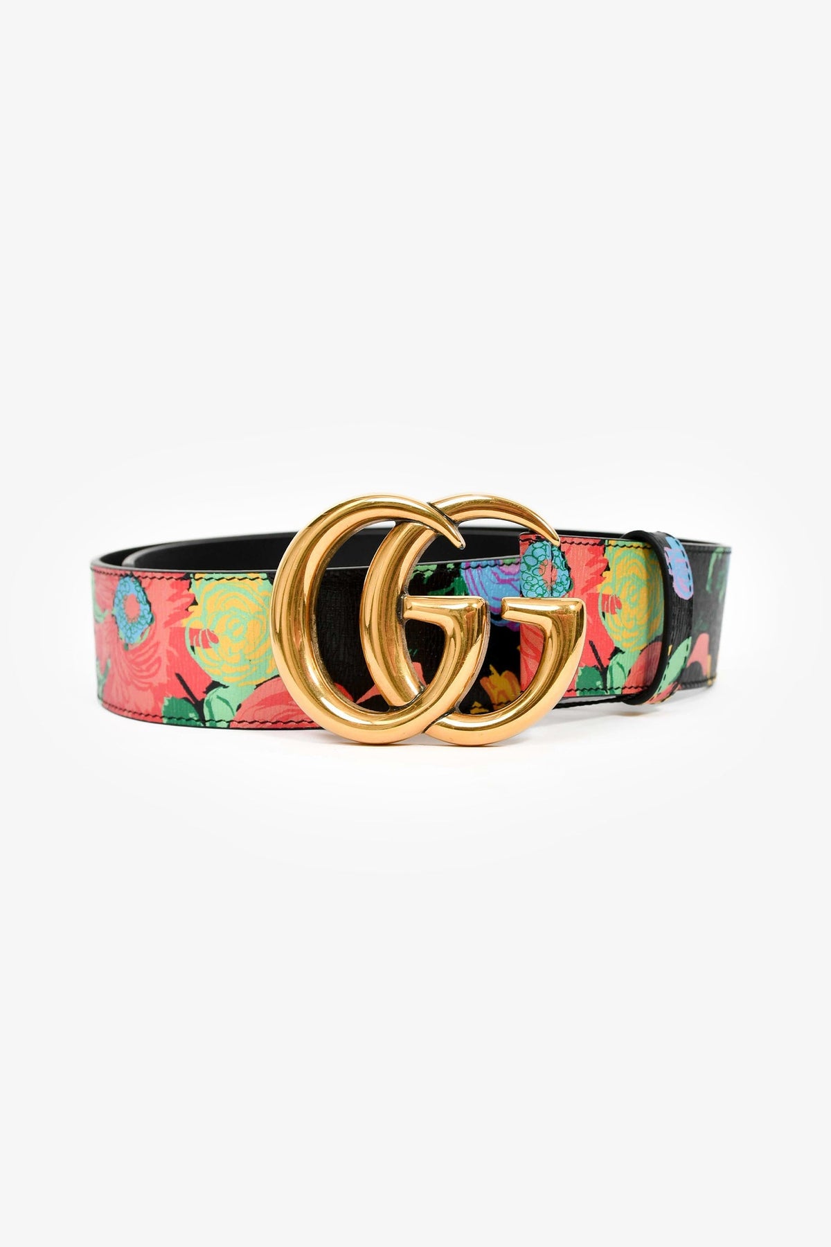 Gucci Black Floral Leather 1.5" GG Marmont Belt Size 80