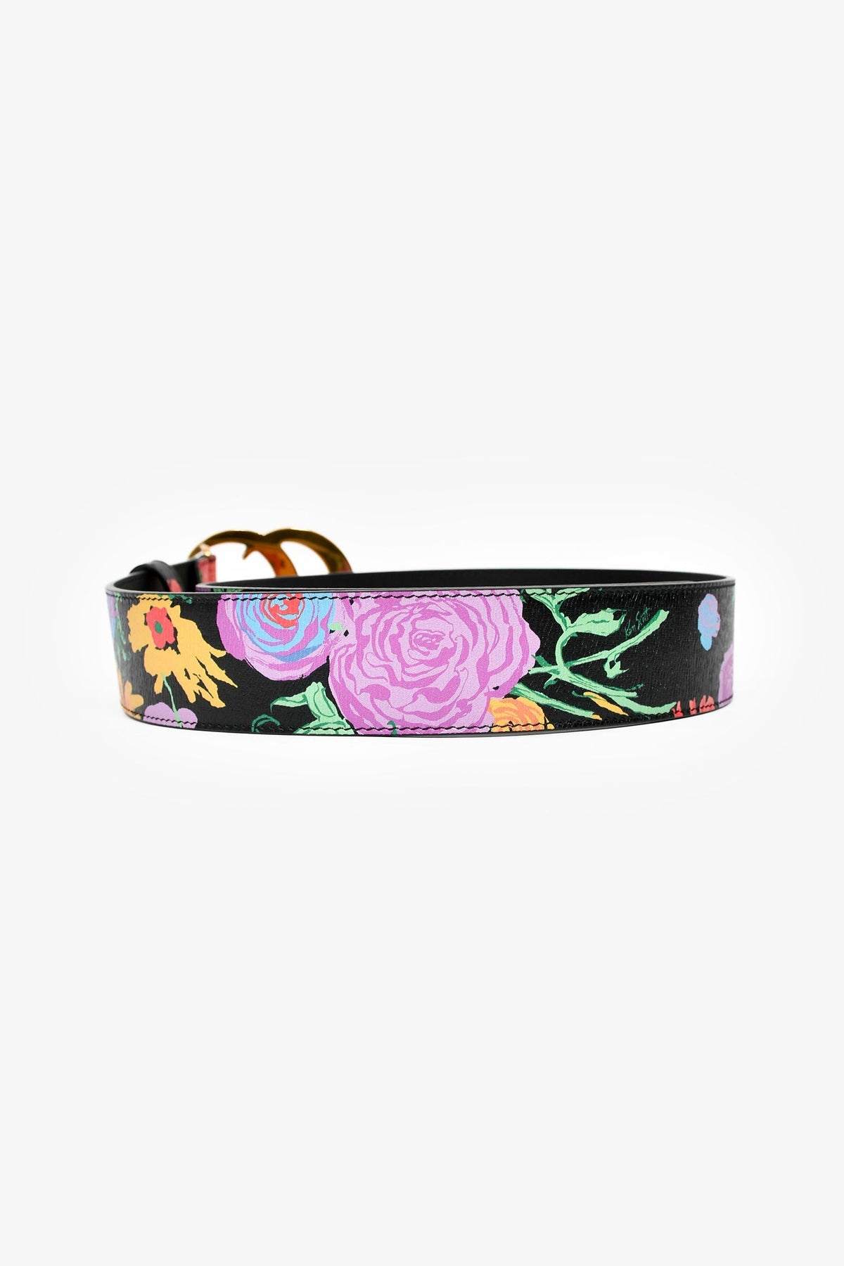Gucci Black Floral Leather 1.5" GG Marmont Belt Size 80