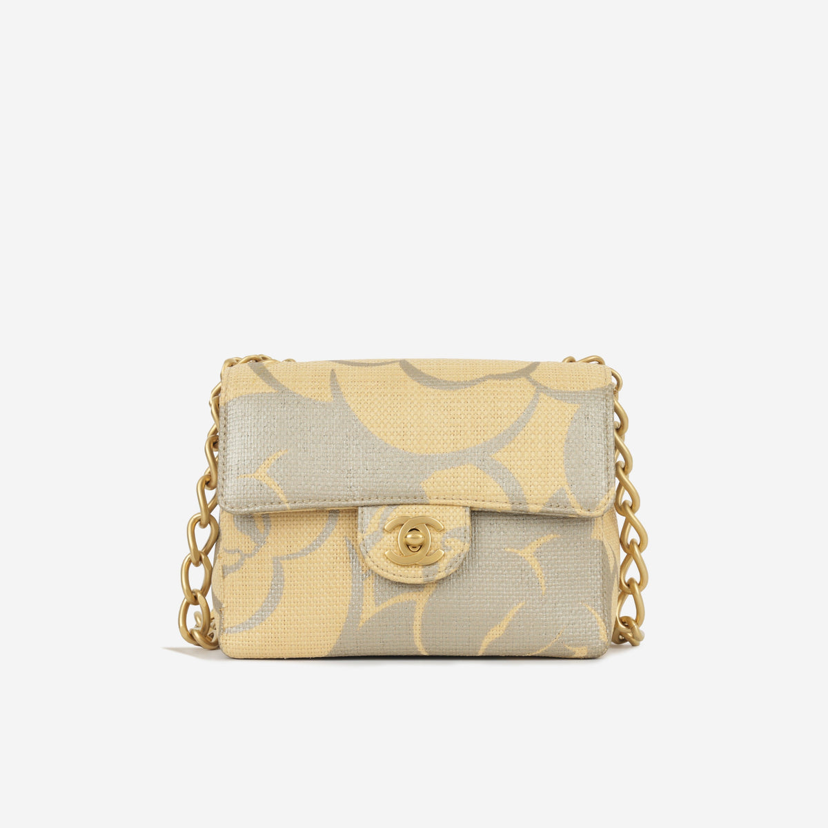 Chanel Vintage Mini Square - Beige Camellia Raffia | Antique Gold Hardware