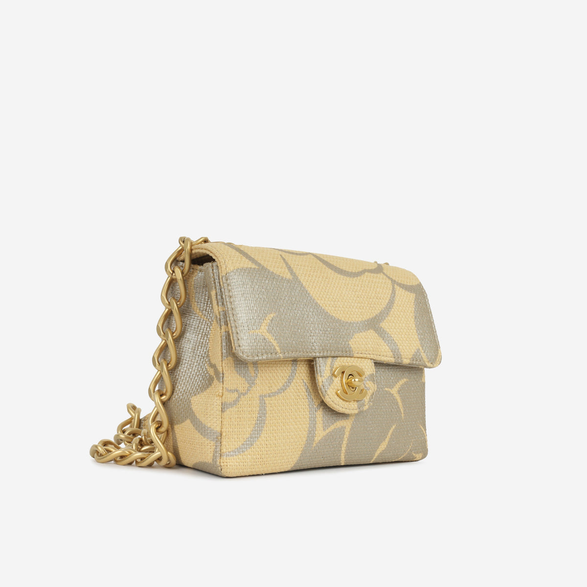 Chanel Vintage Mini Square - Beige Camellia Raffia | Antique Gold Hardware