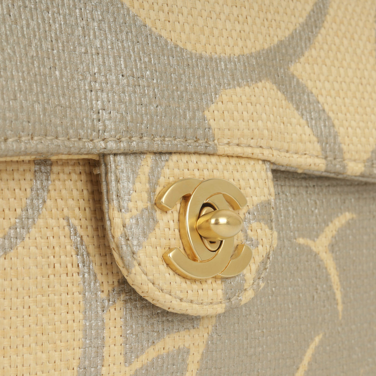 Chanel Vintage Mini Square - Beige Camellia Raffia | Antique Gold Hardware