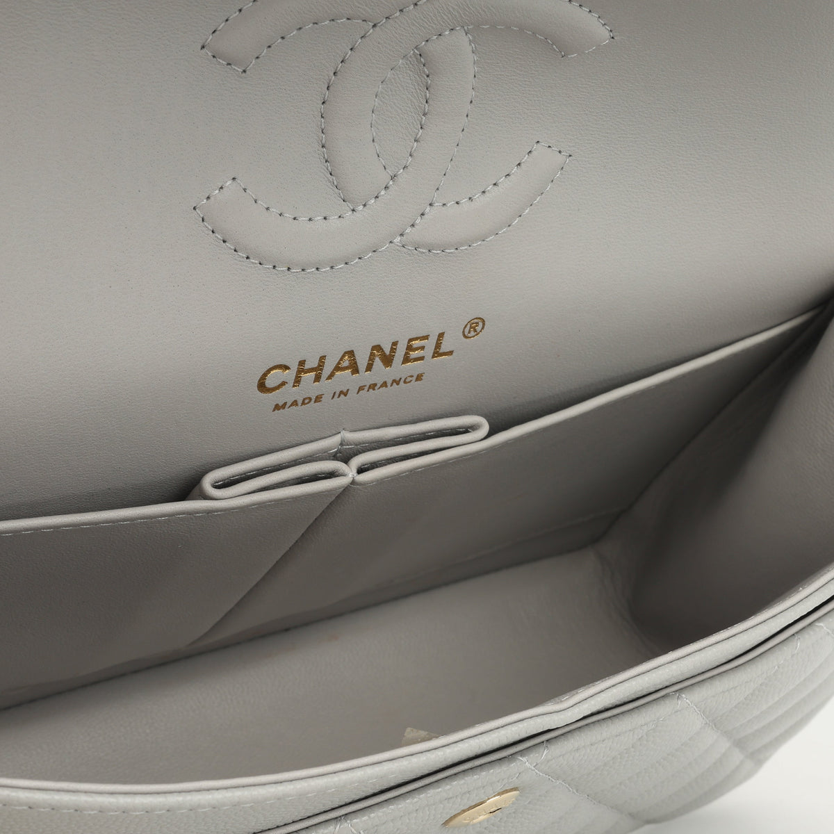 Chanel Small Double Classic Flap - Grey Caviar | Champagne Gold Hardware