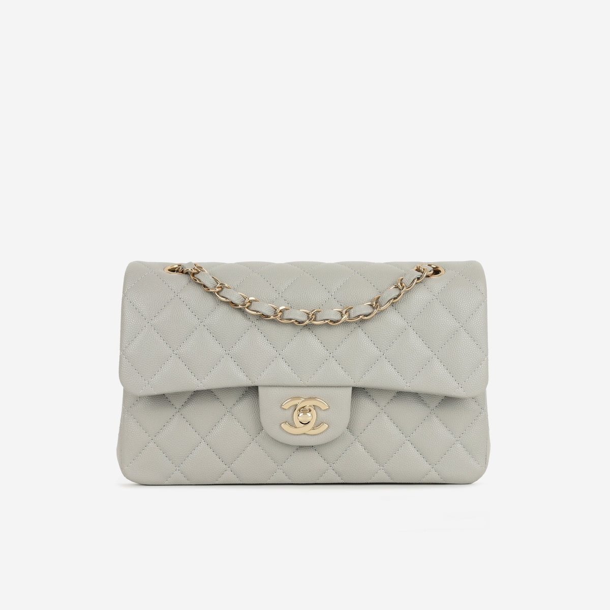 Chanel Small Double Classic Flap - Grey Caviar | Champagne Gold Hardware