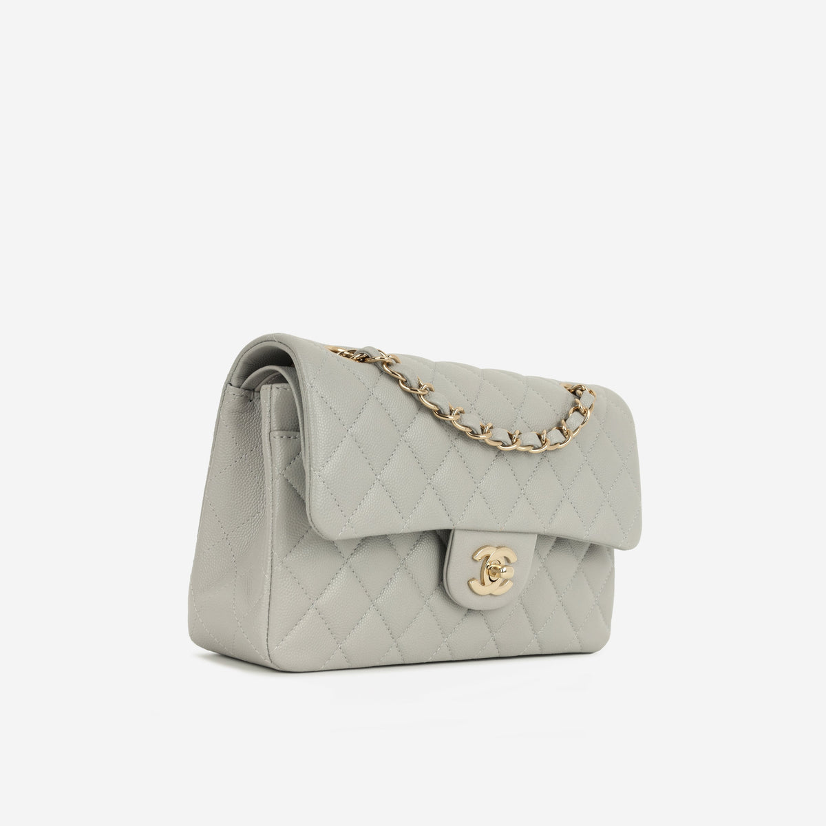 Chanel Small Double Classic Flap - Grey Caviar | Champagne Gold Hardware