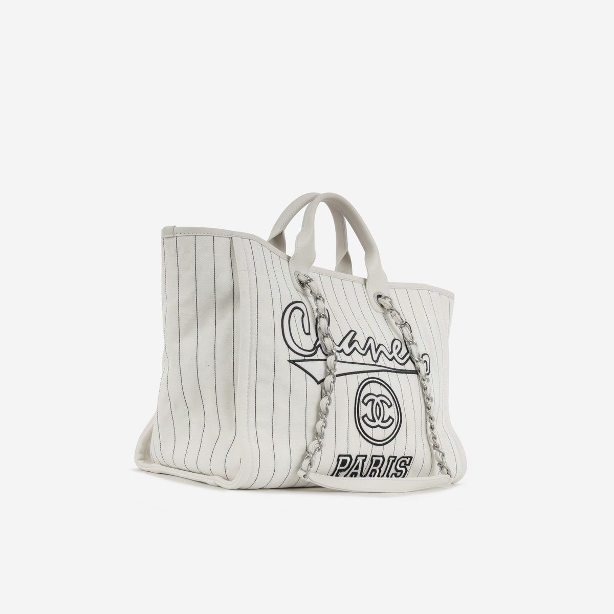 Chanel Large Deauville - White Canvas / Black Stripes | Silver Hardware