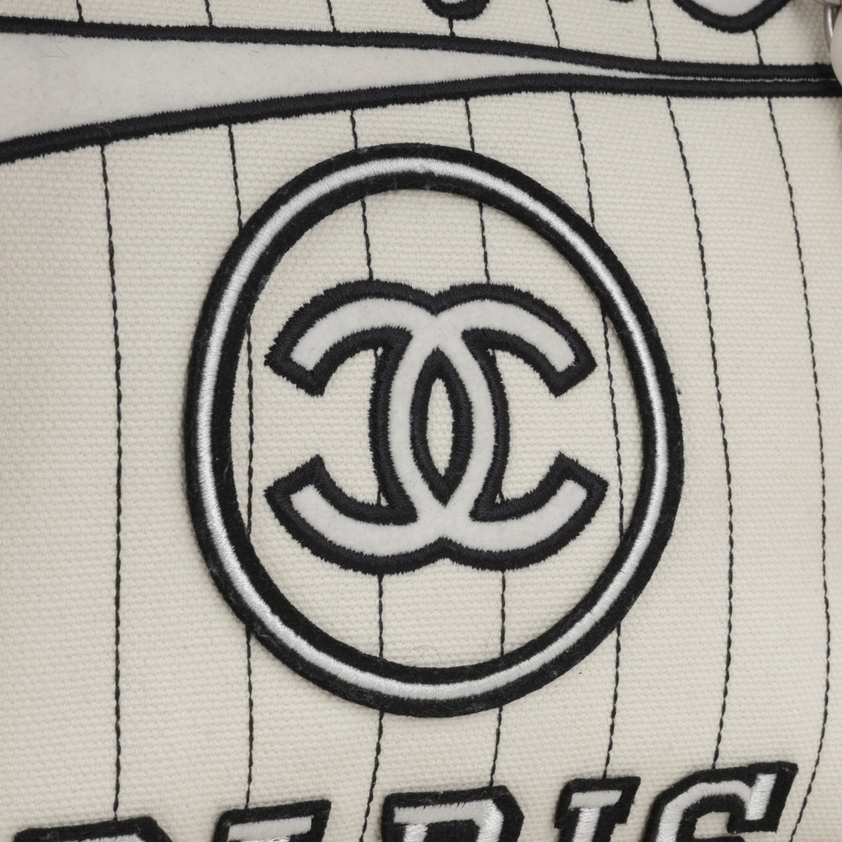 Chanel Large Deauville - White Canvas / Black Stripes | Silver Hardware