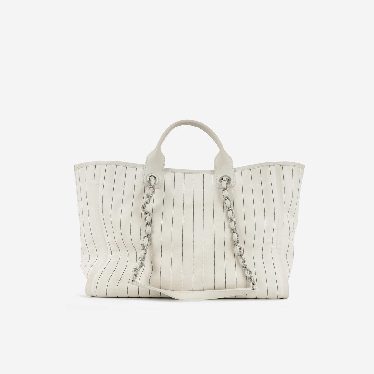 Chanel Large Deauville - White Canvas / Black Stripes | Silver Hardware