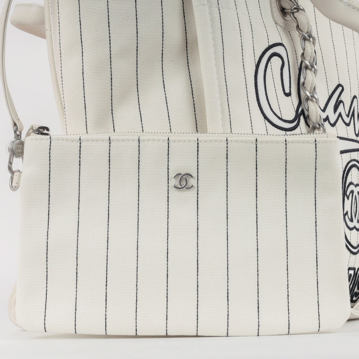 Chanel Large Deauville - White Canvas / Black Stripes | Silver Hardware