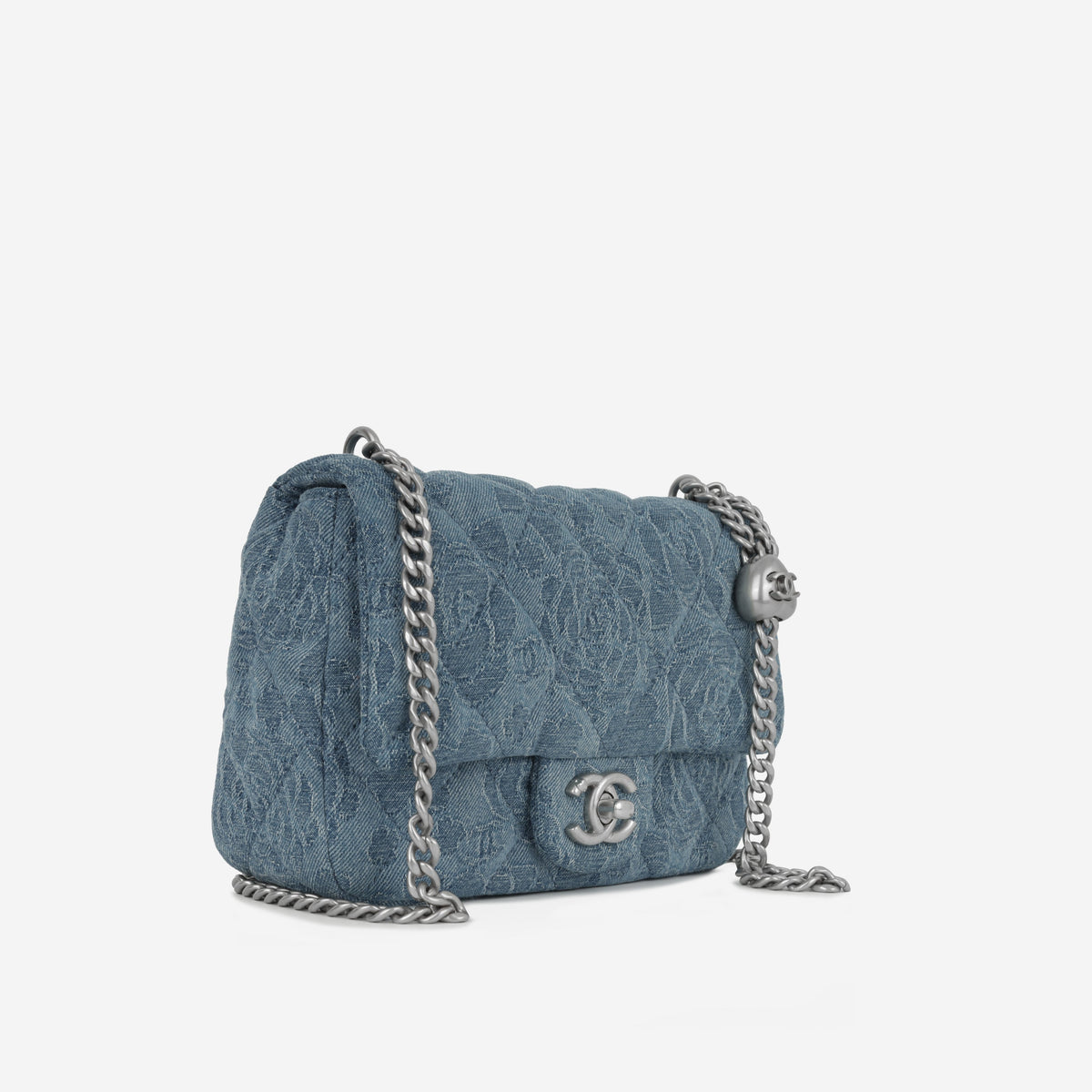 Chanel Mini Camellia Heart Crush - Blue Embroidered Denim | Silver Hardware